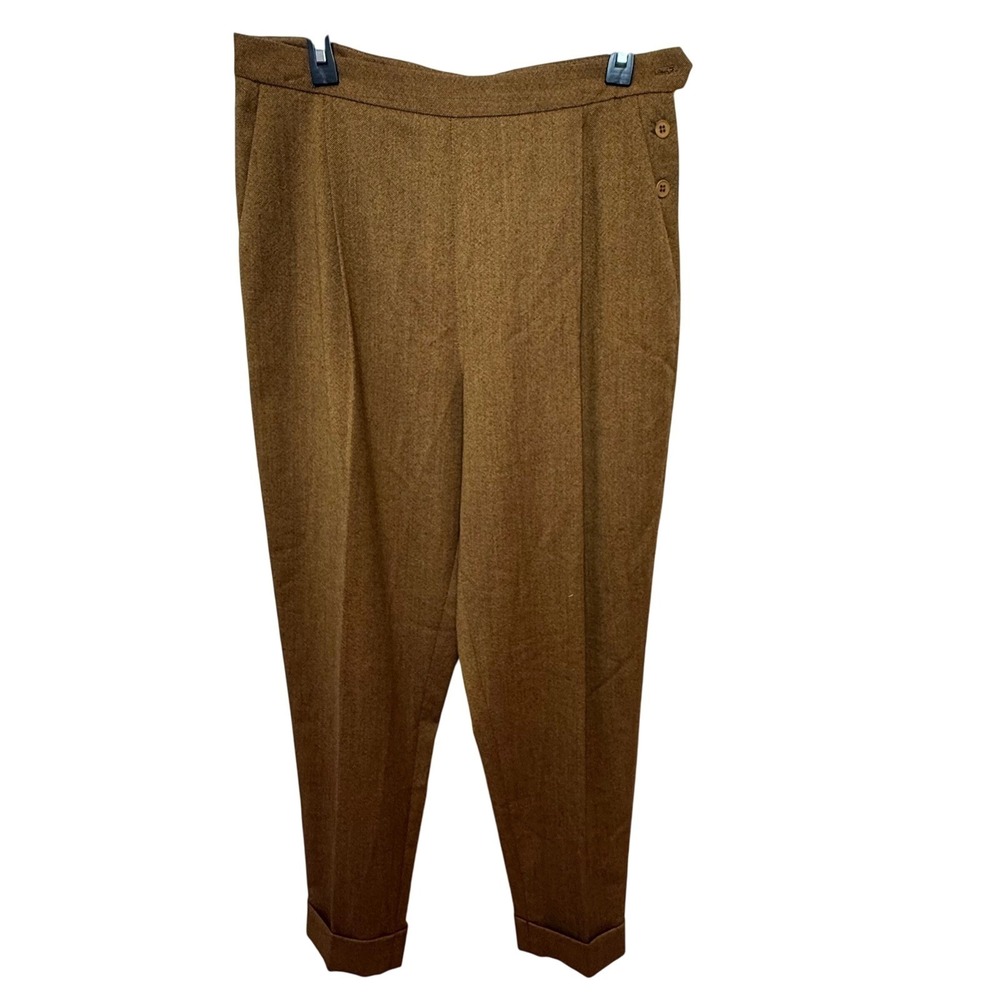 Vintage Burberry Women's Tan 100% Virgin Wool Pleated Cuff Trousers Size‎ 14
